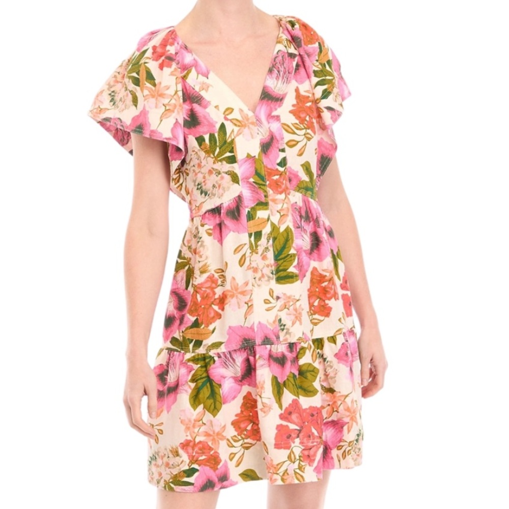 Vince Camuto: V-Neck Flutter Sleeve Floral Linen Dress; Elastic A-Line Fit